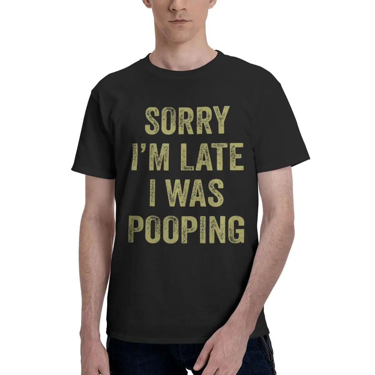 Men Sorry I'm Late I Was Pooping Sarcasm Joke Meme Funny T Shirt Vintage O-neck Cotton T Shirt Homme