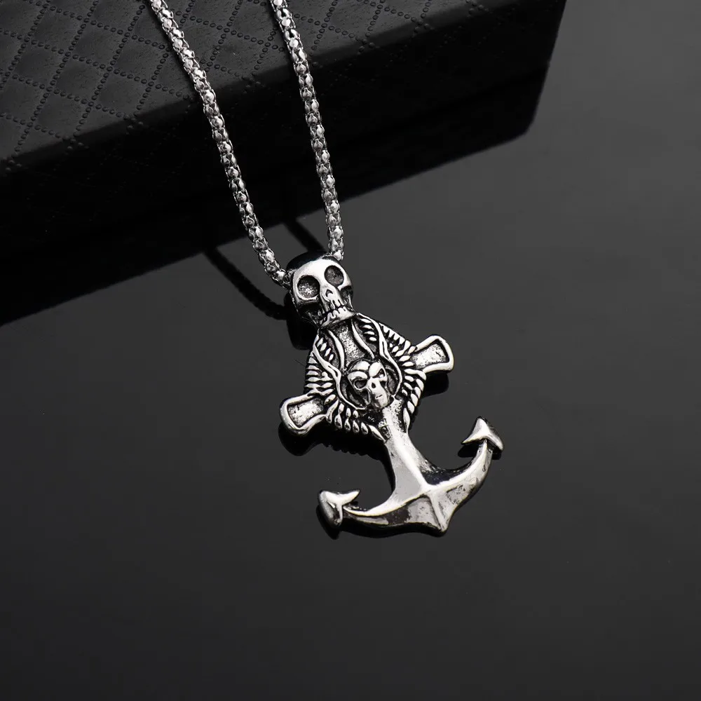 Dark Punk Skull Cross Anchor Alloy Pendants Necklace Hip Hop Rapper Rocker Personality Metal Pendant Jewelry Fashion Accessories