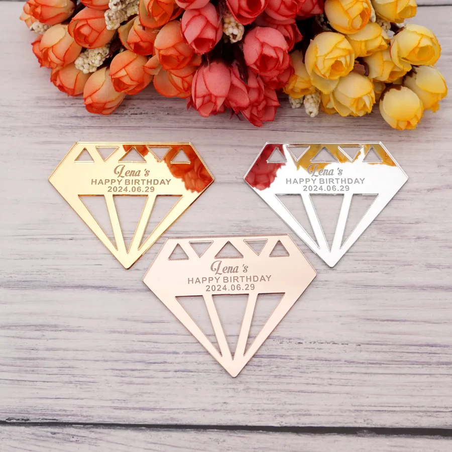 Customized Hollow Out Cutting Diamond Shape Acrylic Mirror Tags DIY Birthday Wedding Party Name Card Table Decoration