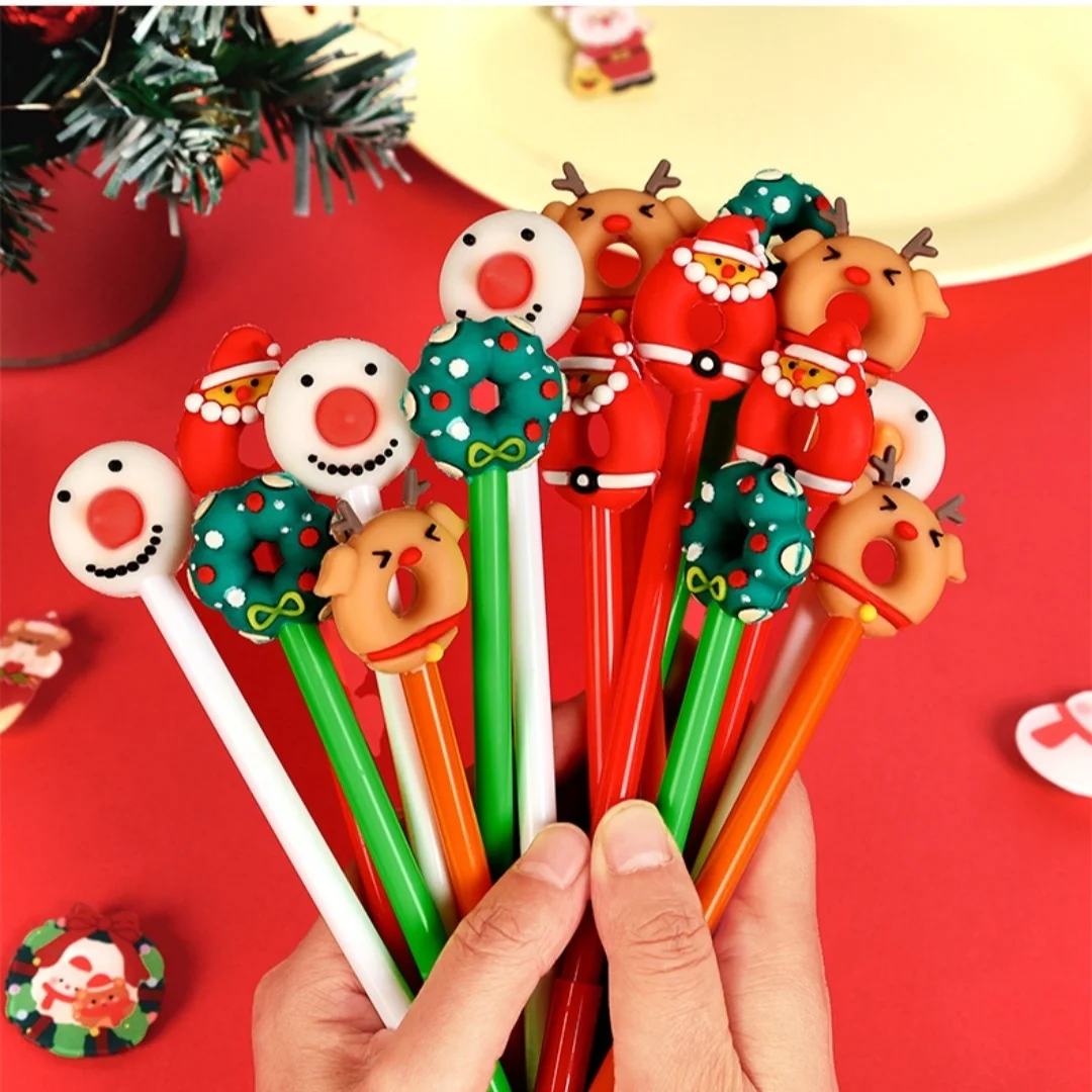 

Cute Christmas Donut Gel Pens, Santa Reindeer Snowman Design, 0.5mm Black Ink Student Stationery Gift Prize Pens