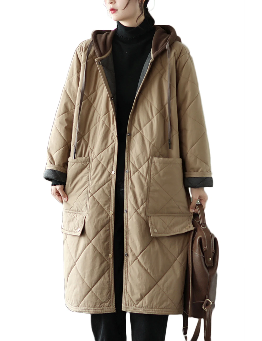 

LZJN Womens Quilted Jackets Coat Hood Snap Closure Long Sleeve Warm Winter Outwears