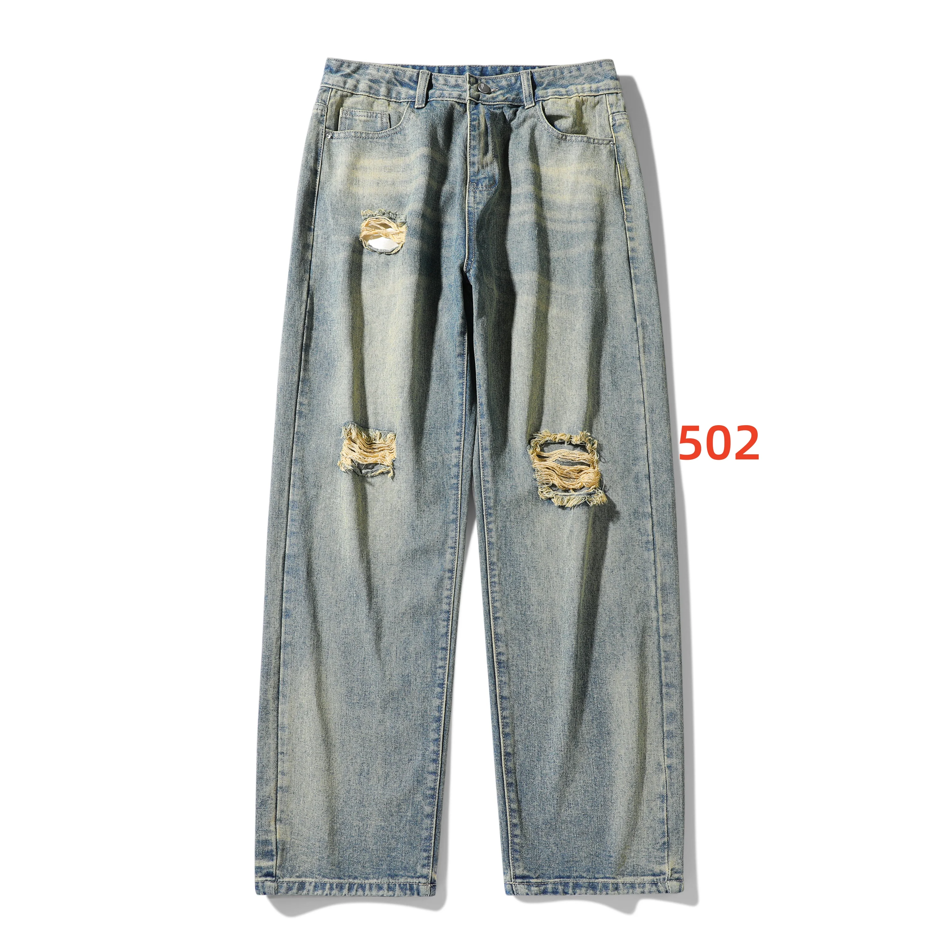 Summer jeans men's denim pants men's ripped wide leg pants street wear washed retro loose casual denim pants