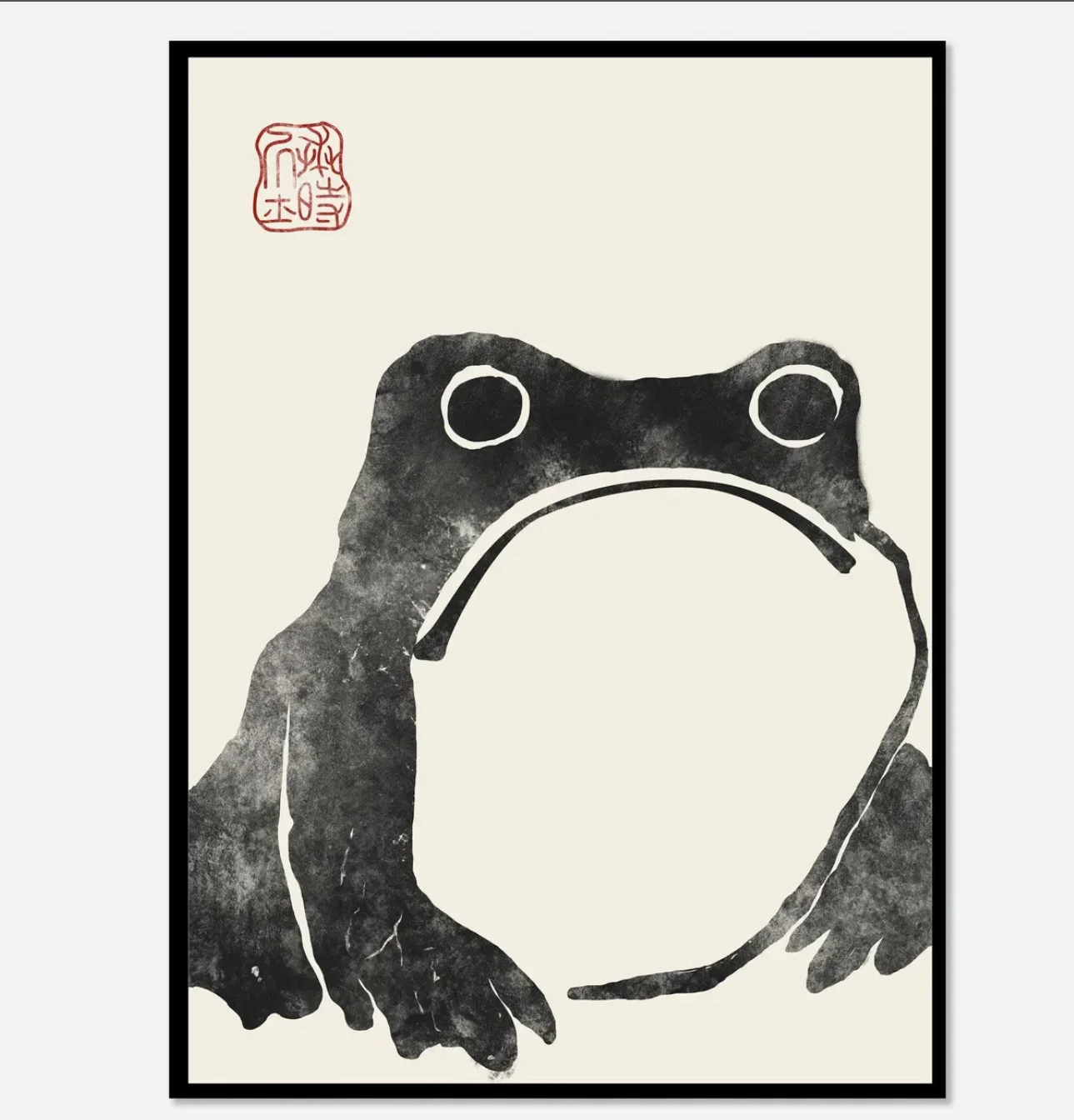 Oriental Sumi-e Frog Canvas Wall Art, Black Ink Toad Red Stamp Poster Decor for Bedroom Study Living Room Home