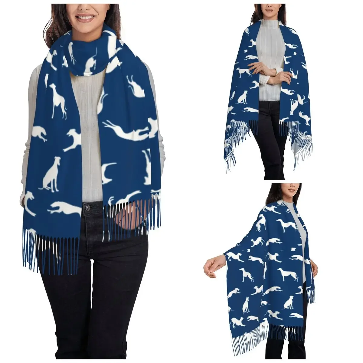 Greyhound Scarf for Womens Winter Fall Pashmina Shawls and Wrap Whippet Sighthound Dog Long Large Scarves with Tassel