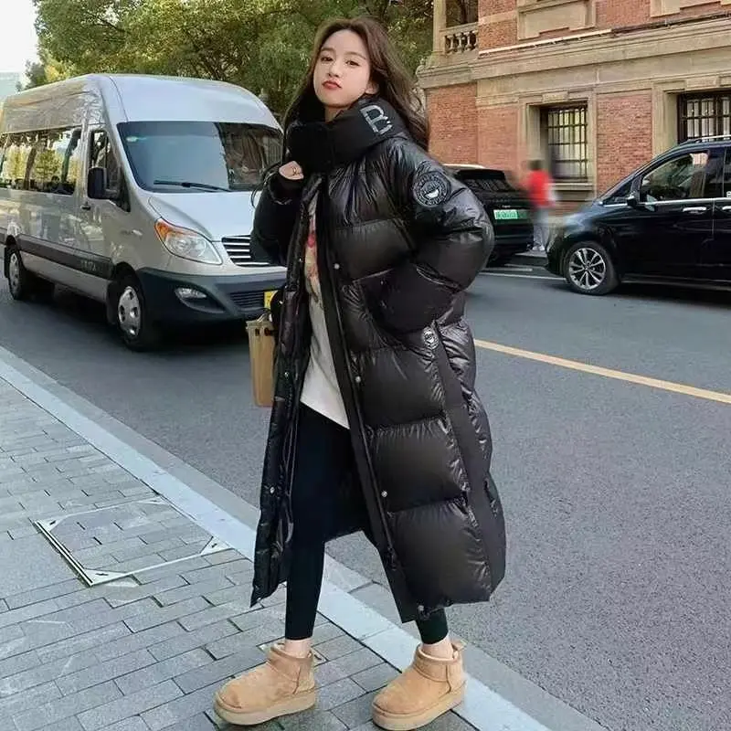 الشتاء الأسود مقنعين أسفل سترة المرأة منتصف طول الأبيض بطة أسفل معطف دافئ سميكة يندبروف خندق معطف طويل الأكمام سترة الثلوج #4