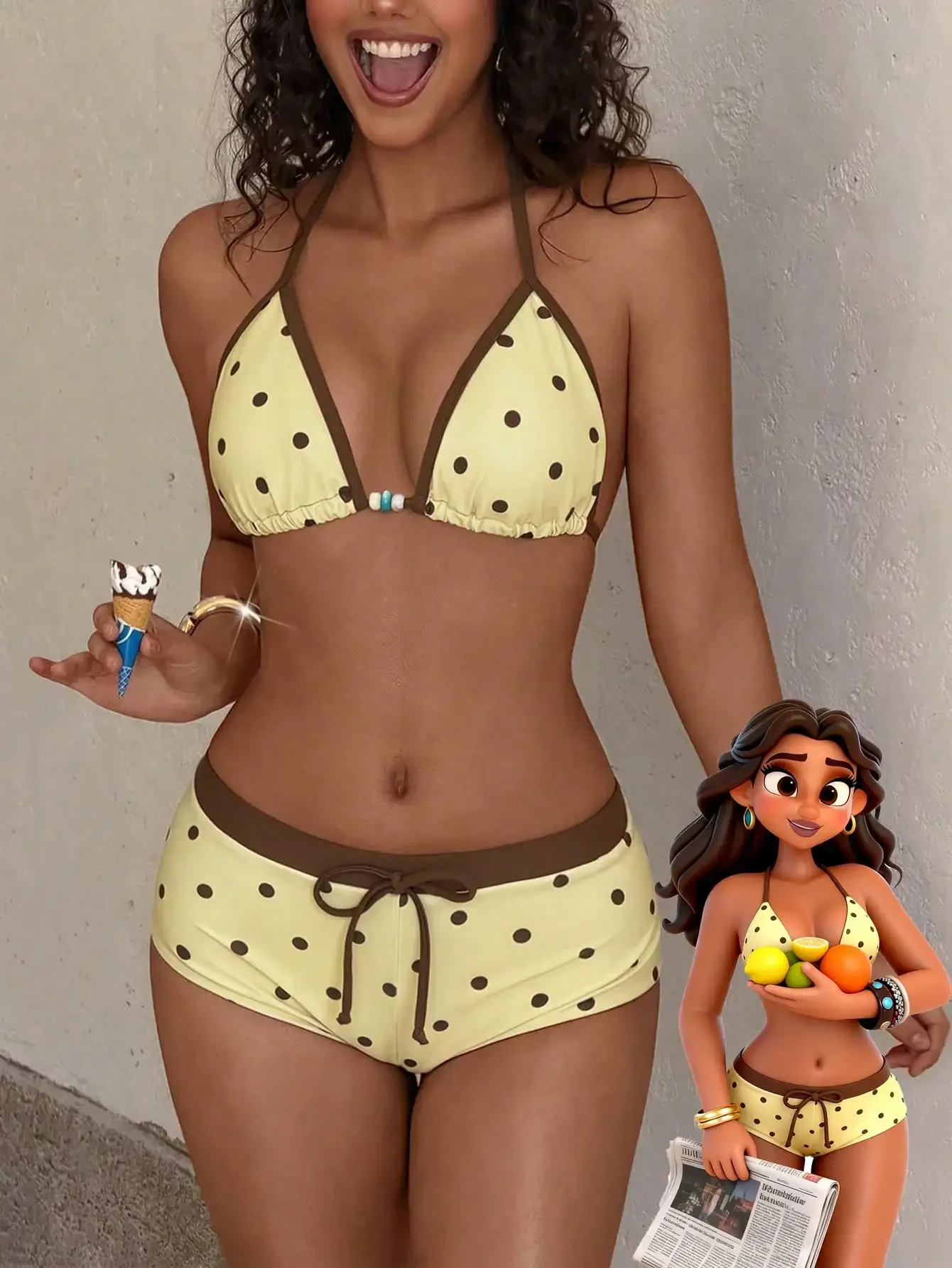 Conjunto de traje de baño tipo bikini retro amarillo con lunares para mujer, adecuado para salidas/cumpleaños/elegante/vintage/vacaciones/ropa de playa de verano