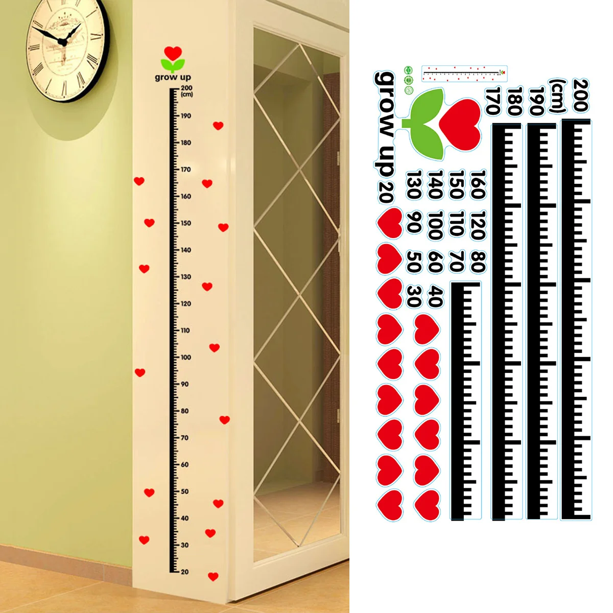 2 folhas de adesivos de gráfico de altura com design de coração, adesivos de parede de desenho animado para decoração de quarto, berçário, gráfico de altura