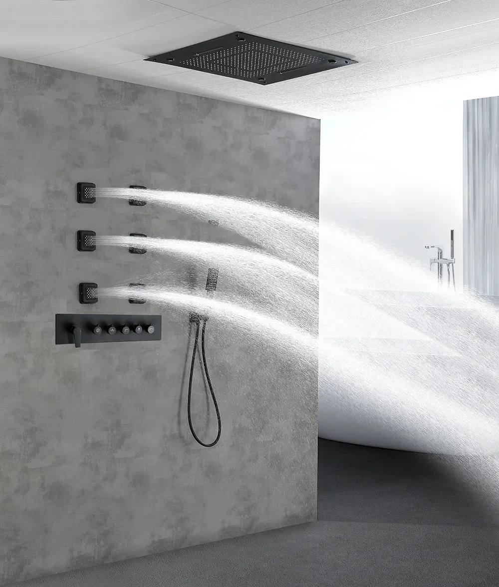 black 800x600mm Extra Large Skylight Embedded Shower Set, Thermostatic Mixing Valve with Spray Function with Wall Spray Function