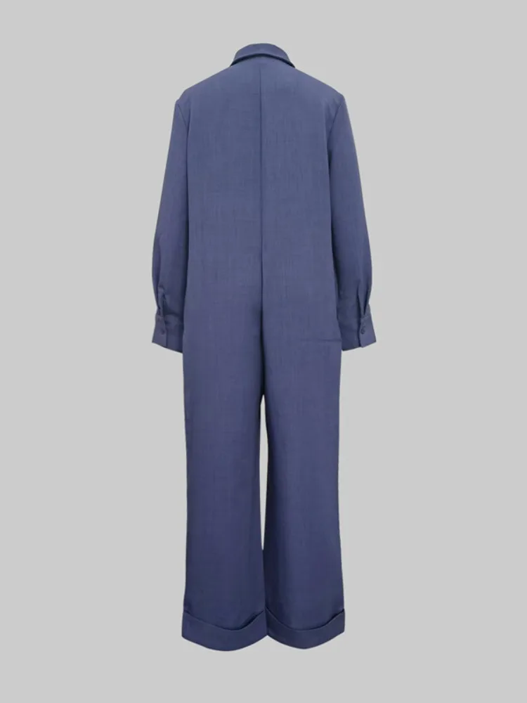 بدلة قفز نسائية من Onecozyday باللون الأزرق الداكن وياقة على شكل طية صدر وأكمام طويلة وسحاب من قطعة واحدة سراويل من قطعة واحدة 2025 ملابس غير رسمية ملابس الشارع