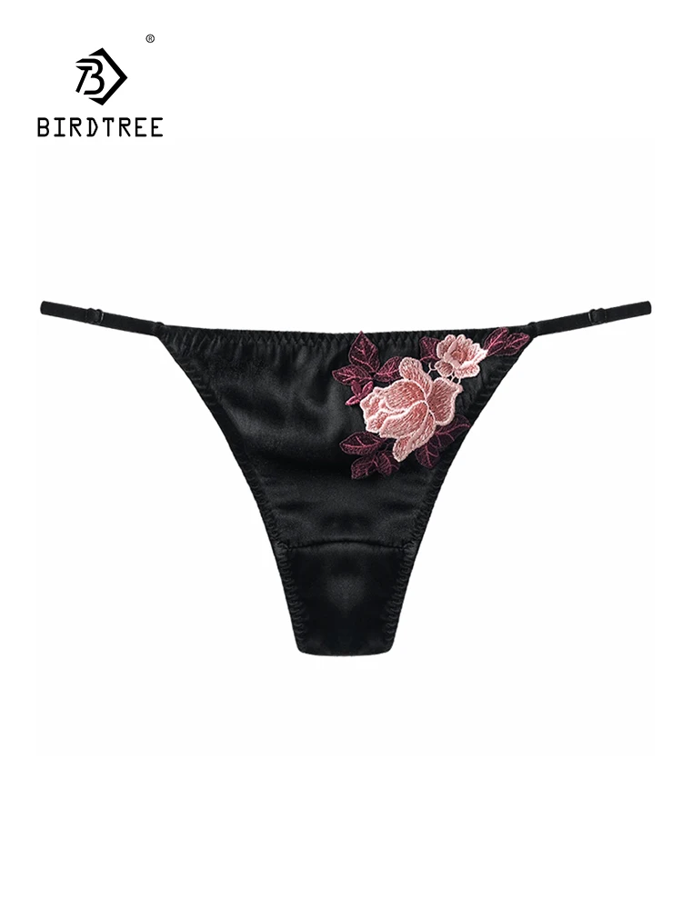 

BirdTree 93%Mulberry Silk Sexy Briefs, Women's Embroidery Low Waisted, Erotic Thin Band Breathable Thong, 2024 Summer P43302QC