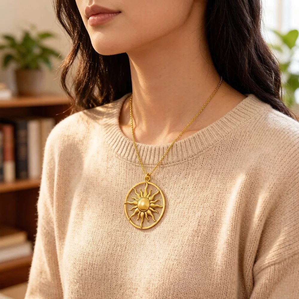 Golden Round Sun Pendant Winter Brand New Fine 925 Sterling Silver Jewelry Europe Vintage Accessories Gift For Women Men