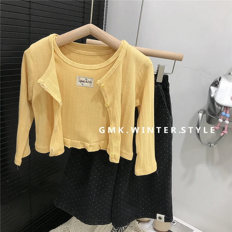 

Girls' Spring and Autumn Outfit New Children's Vest Cardigan Two-Piece Set Top Girls' Dotted Denim Wide-Leg Pants