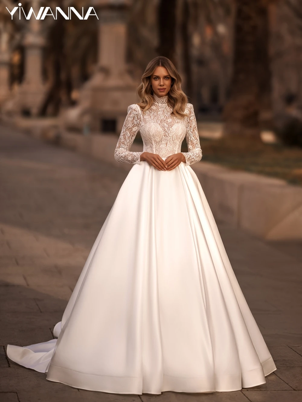 Modest High Collar Long Sleeve Bride Robe Classic Lace Wedding Dress Graceful Ivory A-line Satin Long Bridal Gown Robe De Mariée