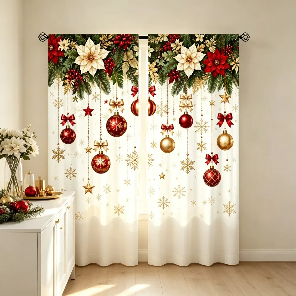2PCS Christmas Winter Curtains, Poinsettia Pine Berry Red Gold Ornament Bow, Digital Print, Bedroom Living Room, Home Decor