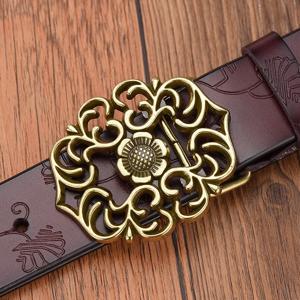 

Classic Women Belt Coffee Color 110Cm Vintage Wide Debossed Pattern Flower Shape Buckle Stylish Daily Casual Business