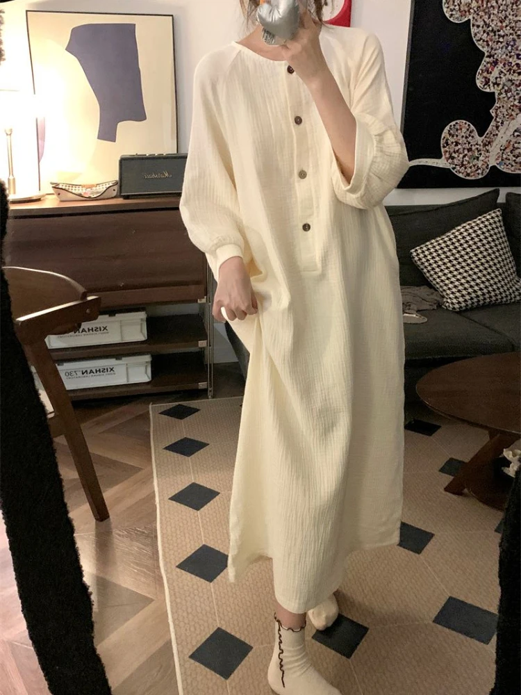 Long Nightgowns Women Elegant Chic Loose Fashion Button Design Basic Spring Soft Sleepwear Simple Schoolgirls O-neck Home Korean