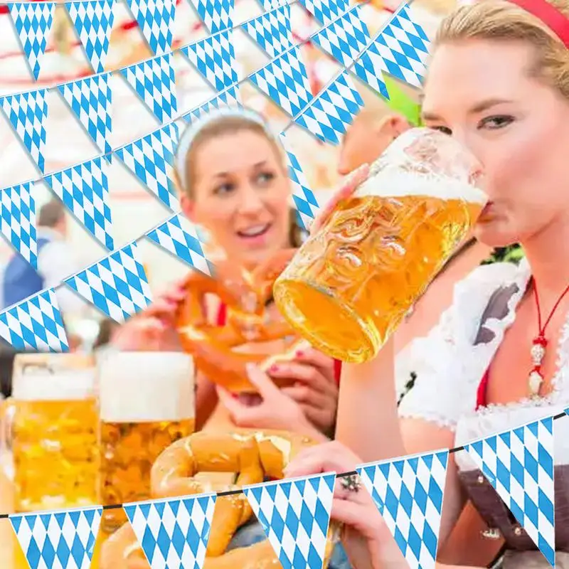 Estandartes plásticos treliçadas para cervejas de bar, decorações temáticas da Oktoberfest, bandeira bávara, azul e branco, 10 m