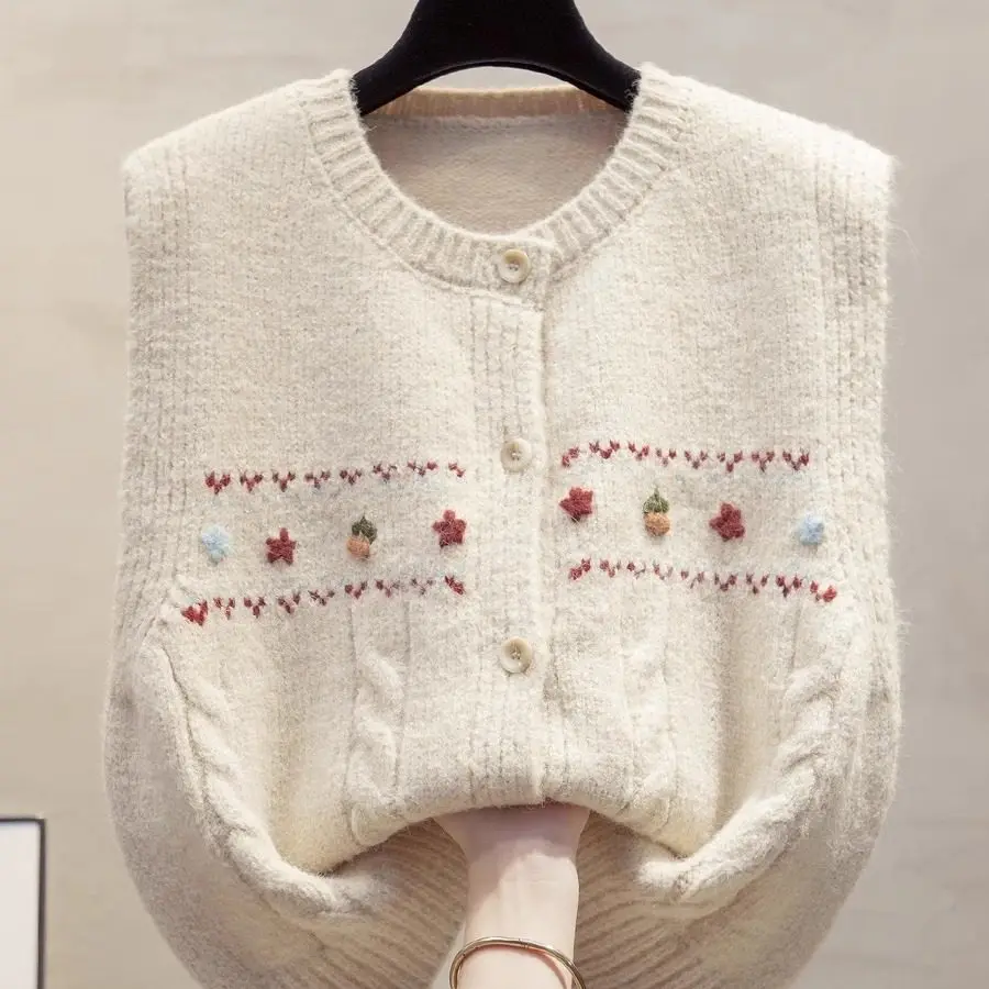 Hand Embroidered Knitted Vest Women's Svel round Ne Sweater Korean Sle Casual Breathable Outerwear Faionable