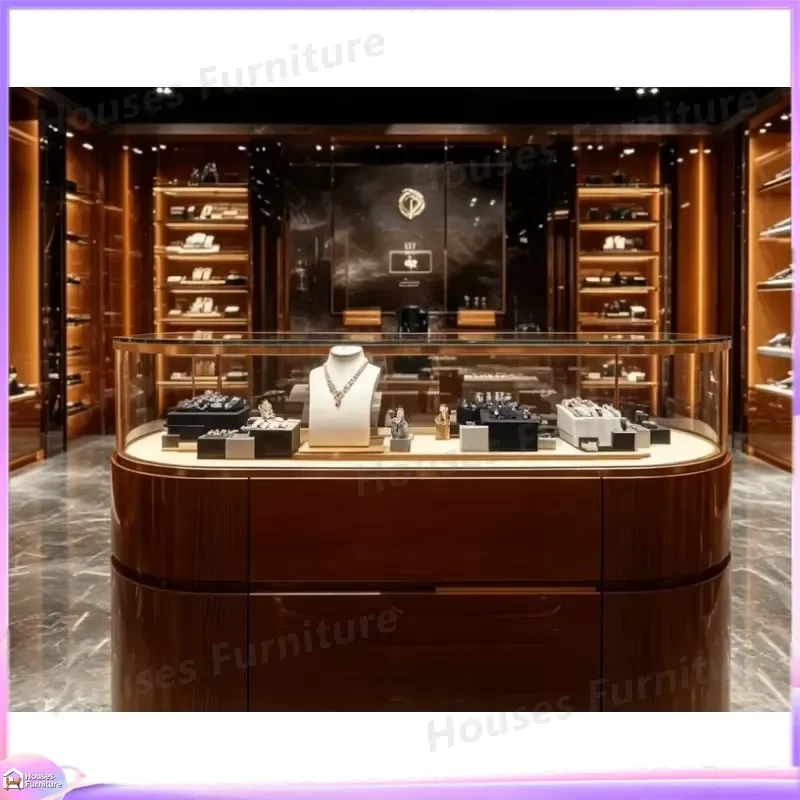 Luxury Solid Wood Oval Island Shoe Cabinet Glass Display Storage Organizer High End Retail Showcase Furniture Home Entryway