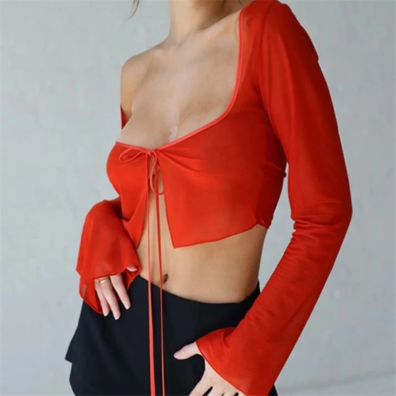 Summer Women Mesh Long Sleeve T Shirt Lace Up Crop Top Bandage Clothes y2k Clothes Casual Vintage Aesthetic Tees