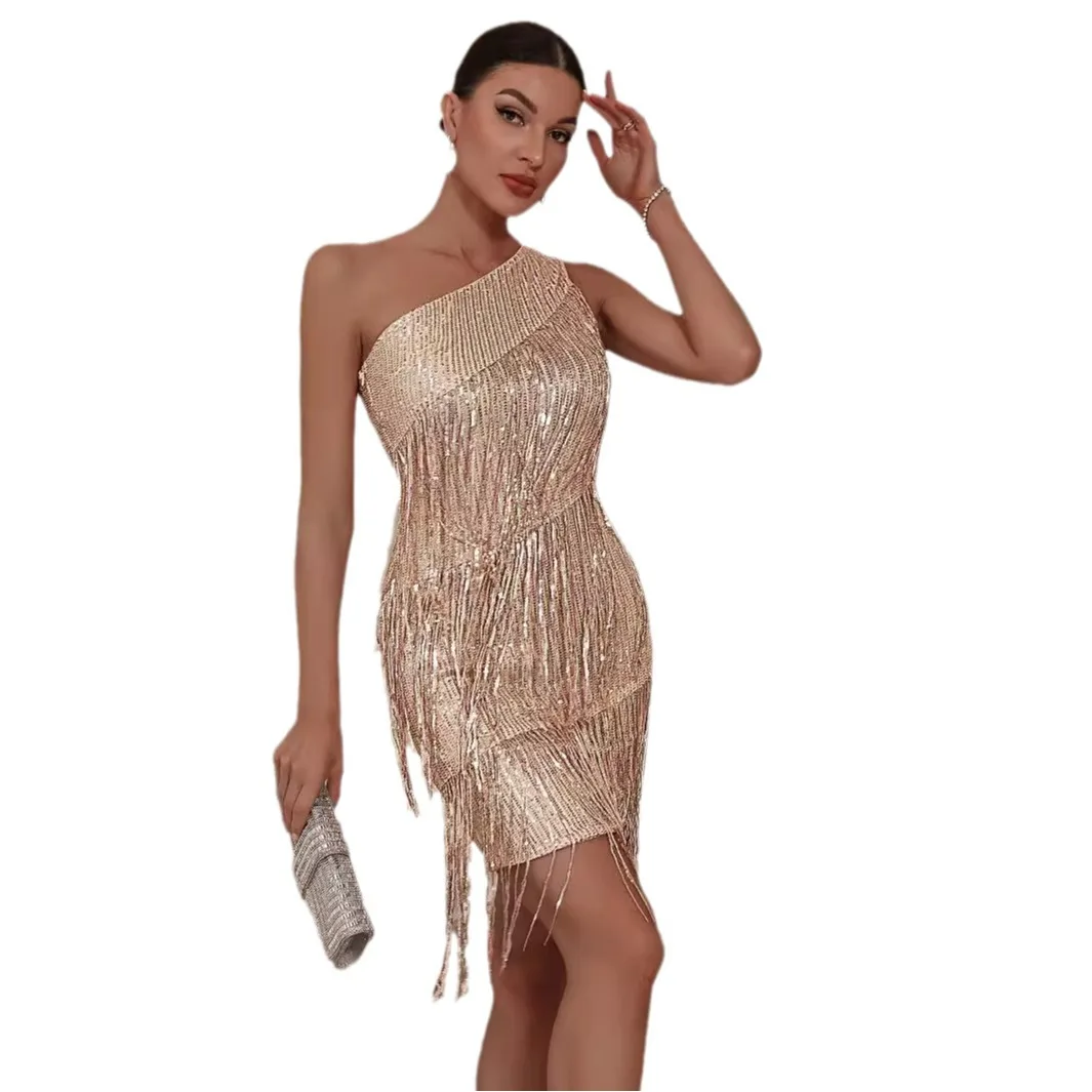 ชุดเดรสปาร์ตี้มินิปาร์ตี้ไหล่เดียวเซ็กซี่แชมเปญ