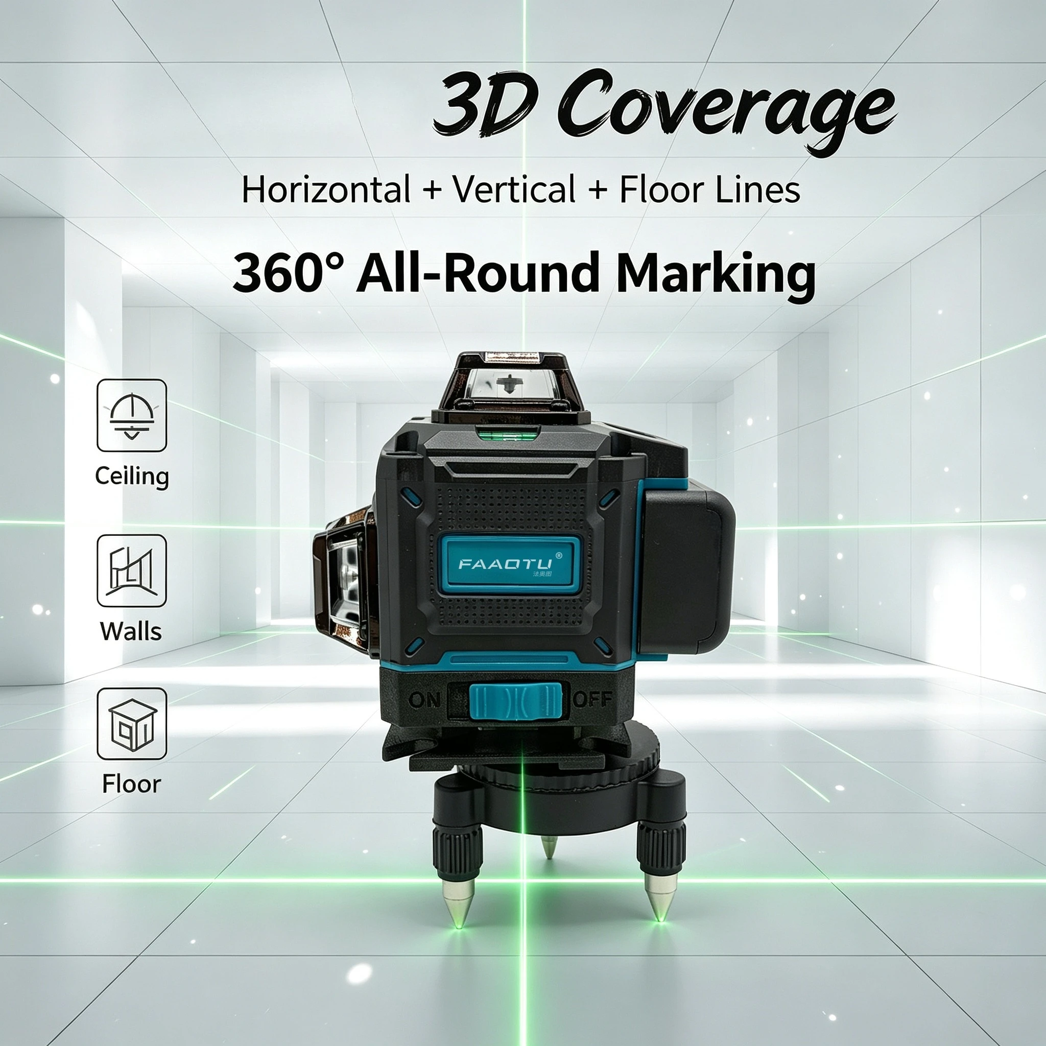 FAAOTU 4D 16-Line 360° Laser Level Digital Self-Levelling Cross Line Tool for Outdoor Precision Measuring
