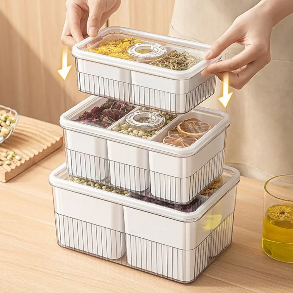 Plastic Divided Serving Tray 2/3/4 Grids Dustproof Spice Storage Box with Timer Reusable Fridge Fruit Crisper Kitchen