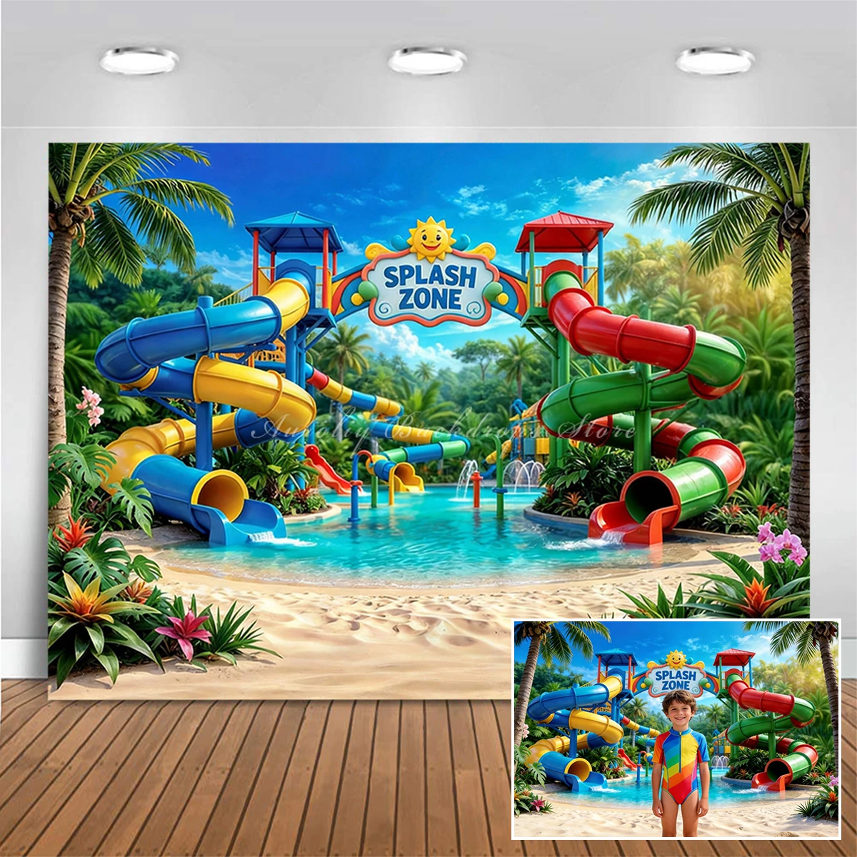 Fondos de fotografía con diseño de zona de diversión tropical, accesorios para fotos de bebés y niños, decoraciones para adultos y niños, toboganes de agua coloridos, fondos para estudio de fotografía