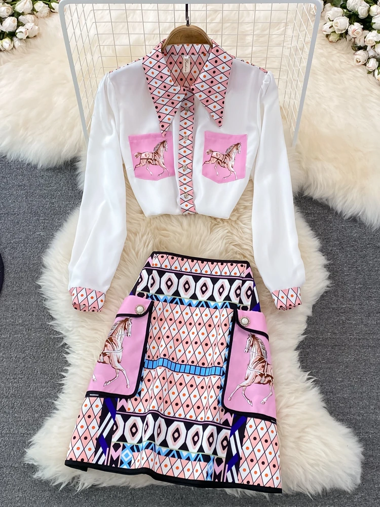 

Women Elegant Party Two Piece Set Spring Autumn Printed Loose Long Sleeved Shirt High Waisted Mini Skirt Vintage Suits