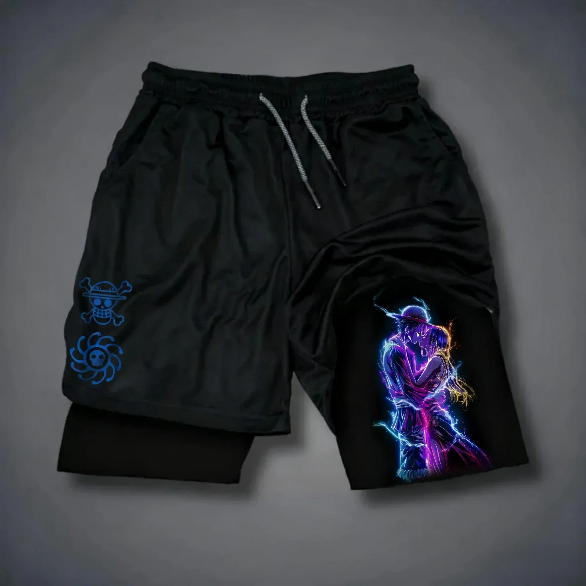 ONE PIECE Men's 2-in-1 Sports Shorts Summer New Anime Collaboration Harajuku Plus Size Swimming Hiking Double Layer Shorts