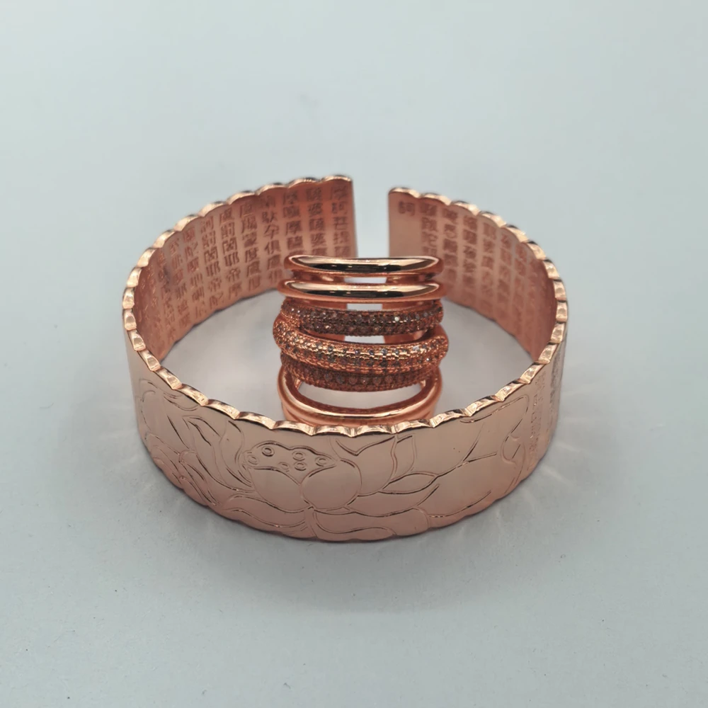 2026 New Pure Copper Wide Band Diamond Inlaid Open Ring; Open Sutra Wide Band Solid Bangle Set; Oriental Vintage Jewelry Gift fo