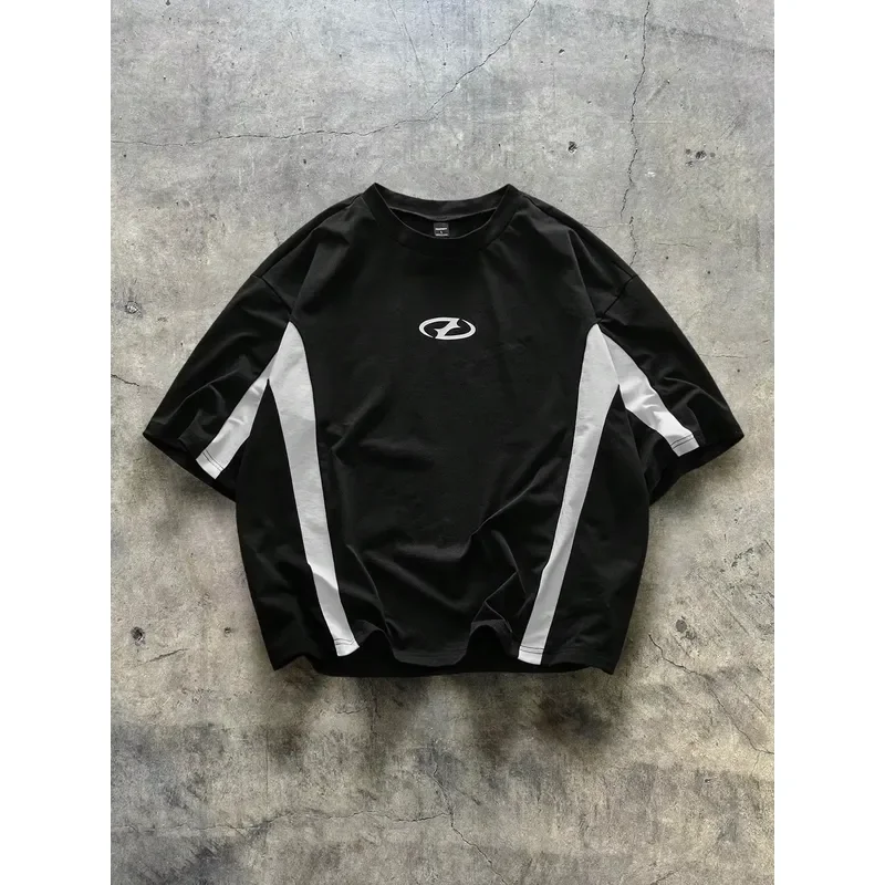 3D Printed Casual T Shirt Men Black White Paneled Oversized Streetwear Y2K Cyber Logo Print 2026 Short Sleeve Top Football