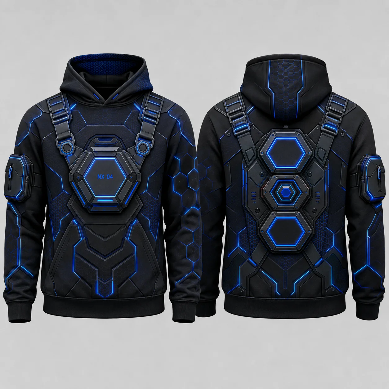 Futuristic Cyber Armor Style Hoodie Men Black Blue 3D Sublimation Print Flat Graphic Pullover Hooded Sweatshirt Streetwear