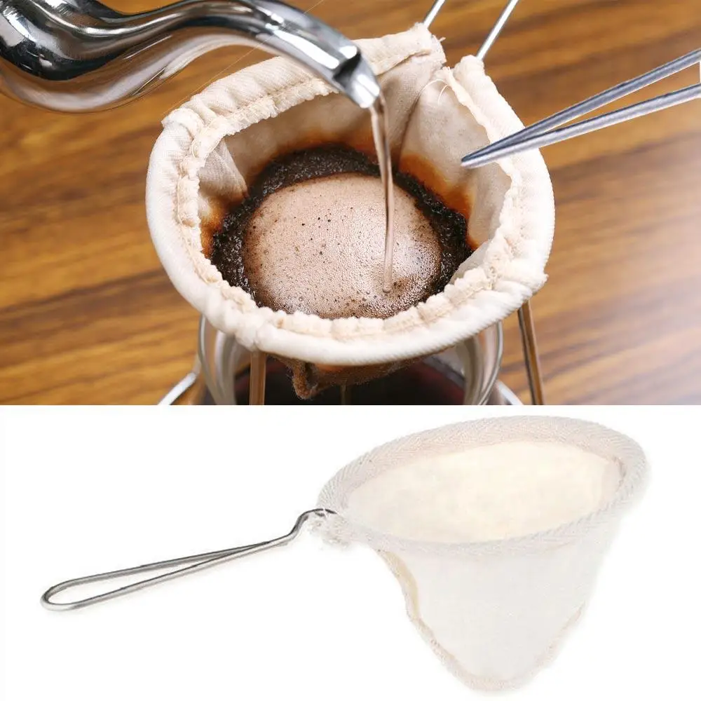 Reusable Coffee Filter Bag Flannel Cloth Strainer Stainless Steel Handle Coffee Filter Sock Washable Replacement