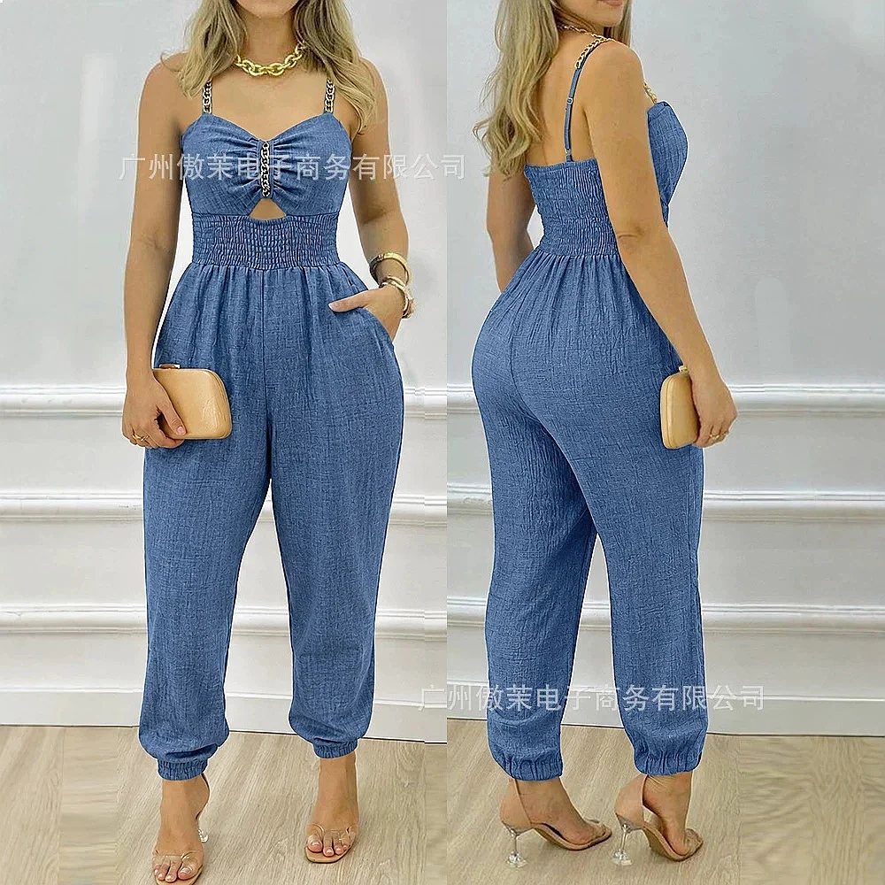 Chains Strap Smocked Jumpsuit Women Summer Overall Playsuit Romper