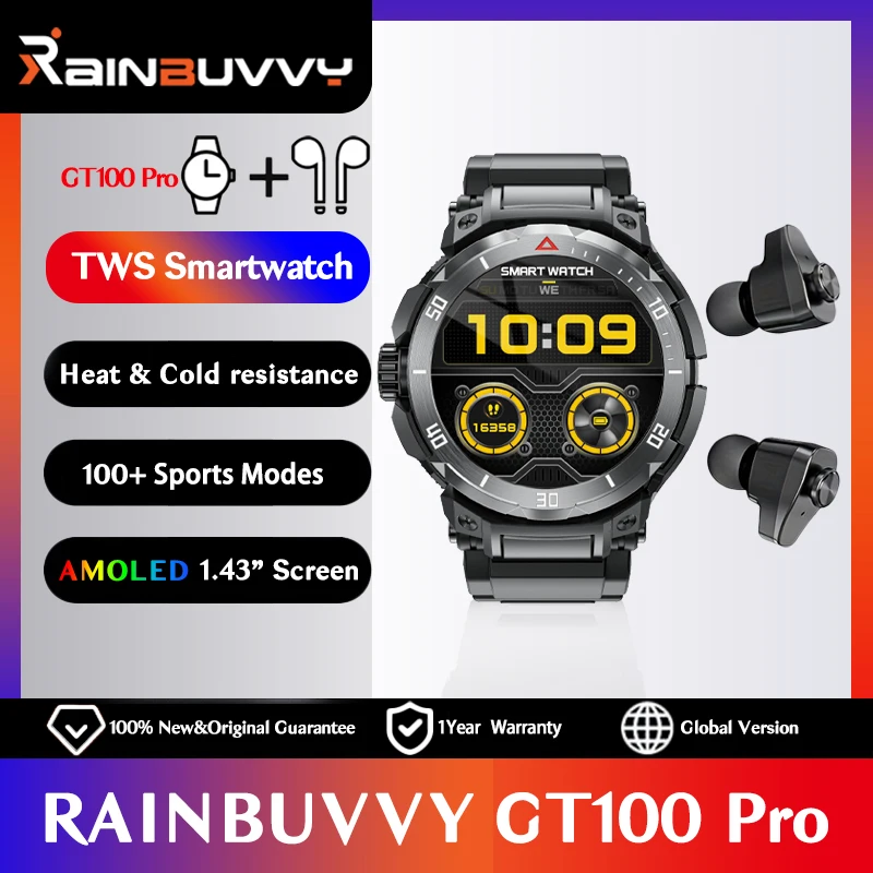 Rainbuvvy GT100 Pro Smart Watch TWS BT Headset 2-in-1 NFC 25 Days Extra Long Sandby 100+ Sports Modes Dual Calls Watch