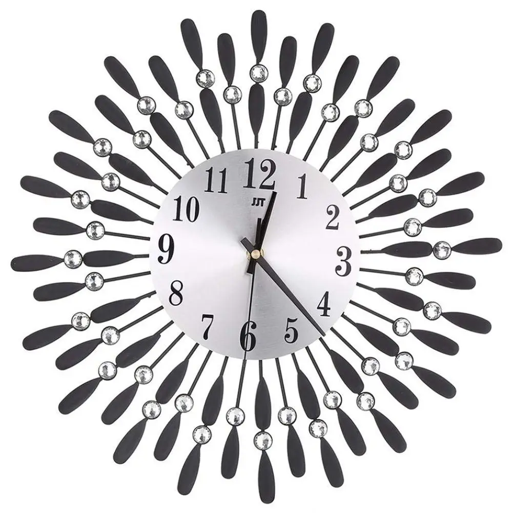 15 inch 3D Large Wall Clock Shiny Rhinestone Sun Style Modern Living Room Decor (Black)