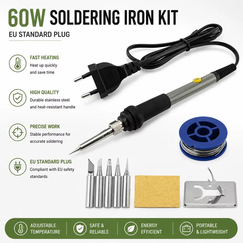 60W Electric Soldering Iron Kit 220V EU Plug Adjustable Temperature Welding Tool Set with 5 Tips Solder Wire for DIY Repair