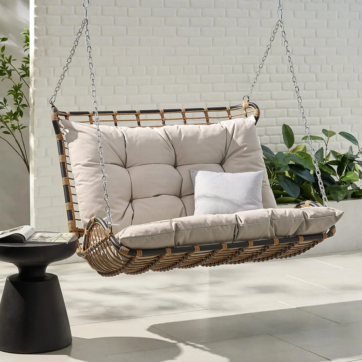Outdoor Porch Swing Wicker Cushioned Light Brown Beige Patio Garden 2-Seater, Customized