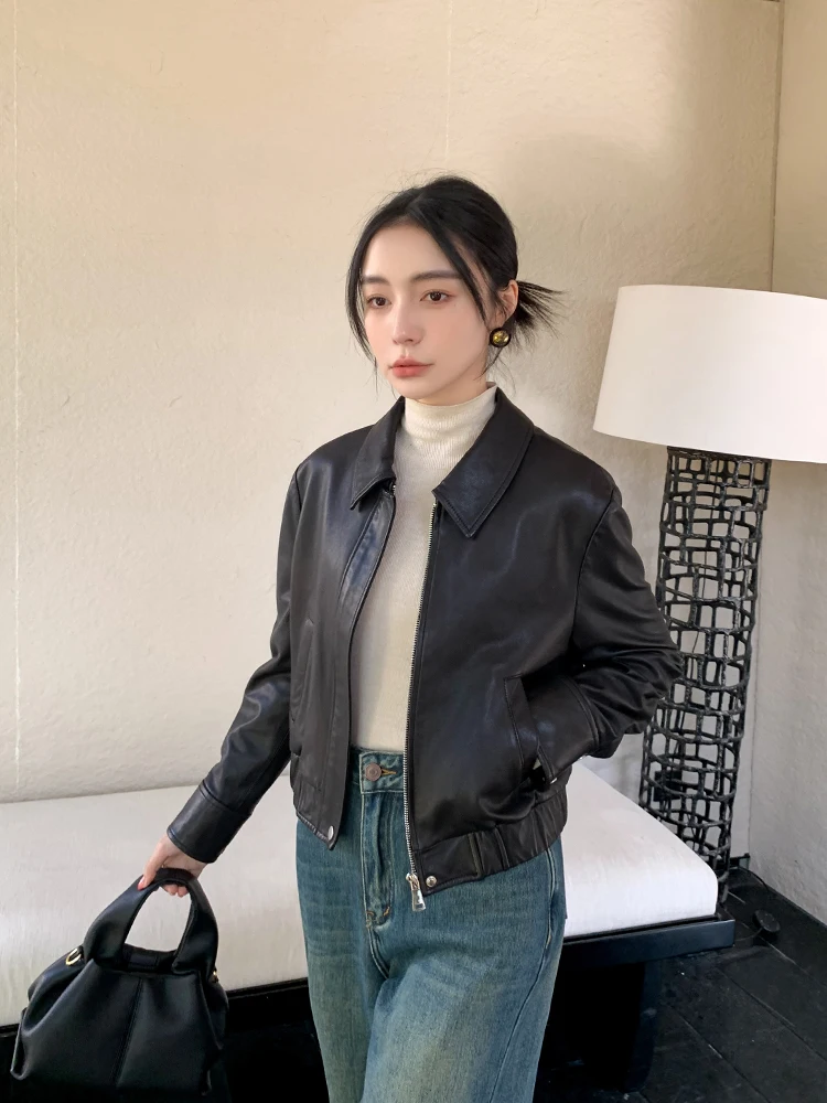

Genuine Leather Motorcycle Jackets for Women Spring Autumn Simple Slim Short Black Real Sheepskin Coat jaqueta feminina de couro