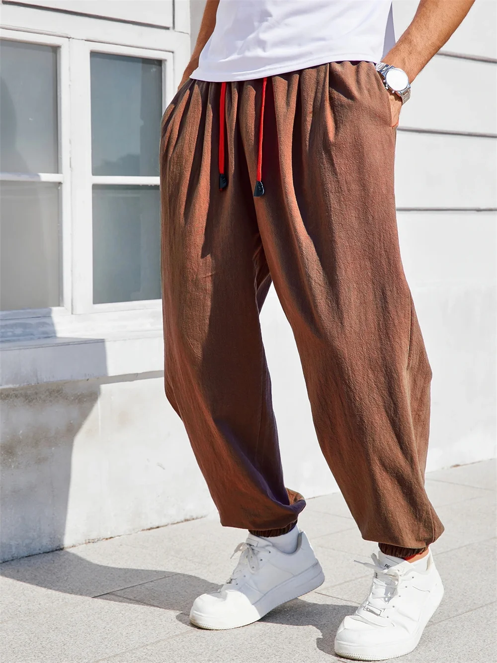 Herren-Haremshose, lockere Passform, chinesischer Stil, Baumwolle, Leinen, einfarbig, gemütliche Jogginghose, Jogger, hochwertige männliche Freizeithose – Detail 13