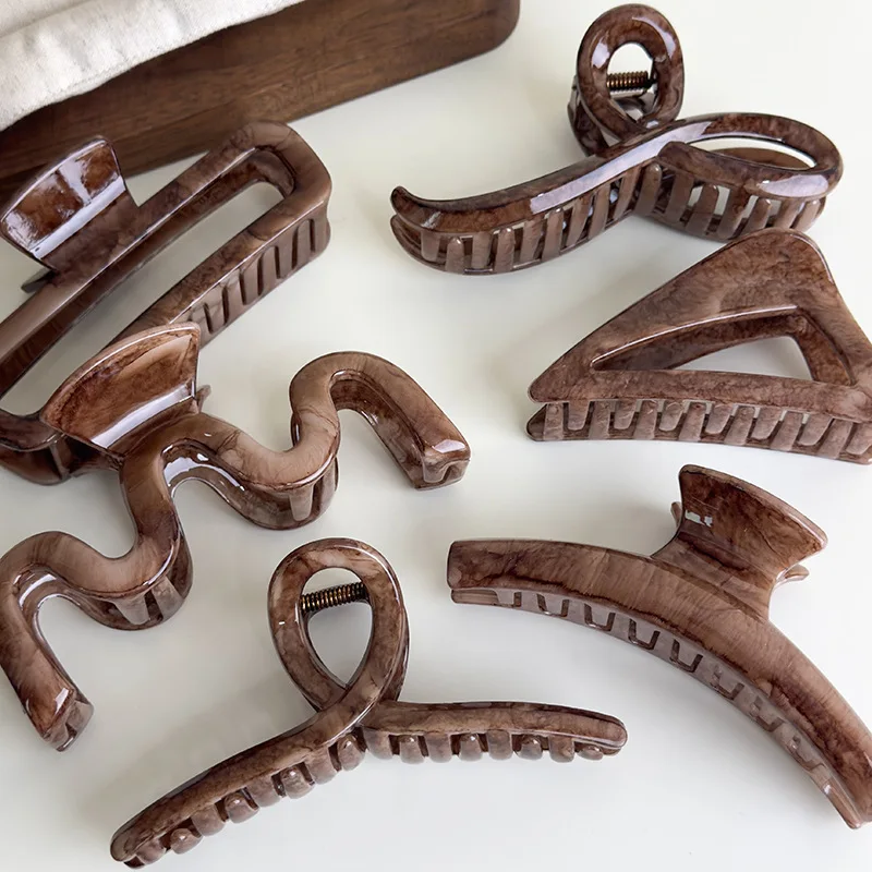 

Retro Brown Marbling Large Hair Claws Geometry Barrettes Womens Temperament Hairpins Shark Clips Female Fashion Hair Accessories