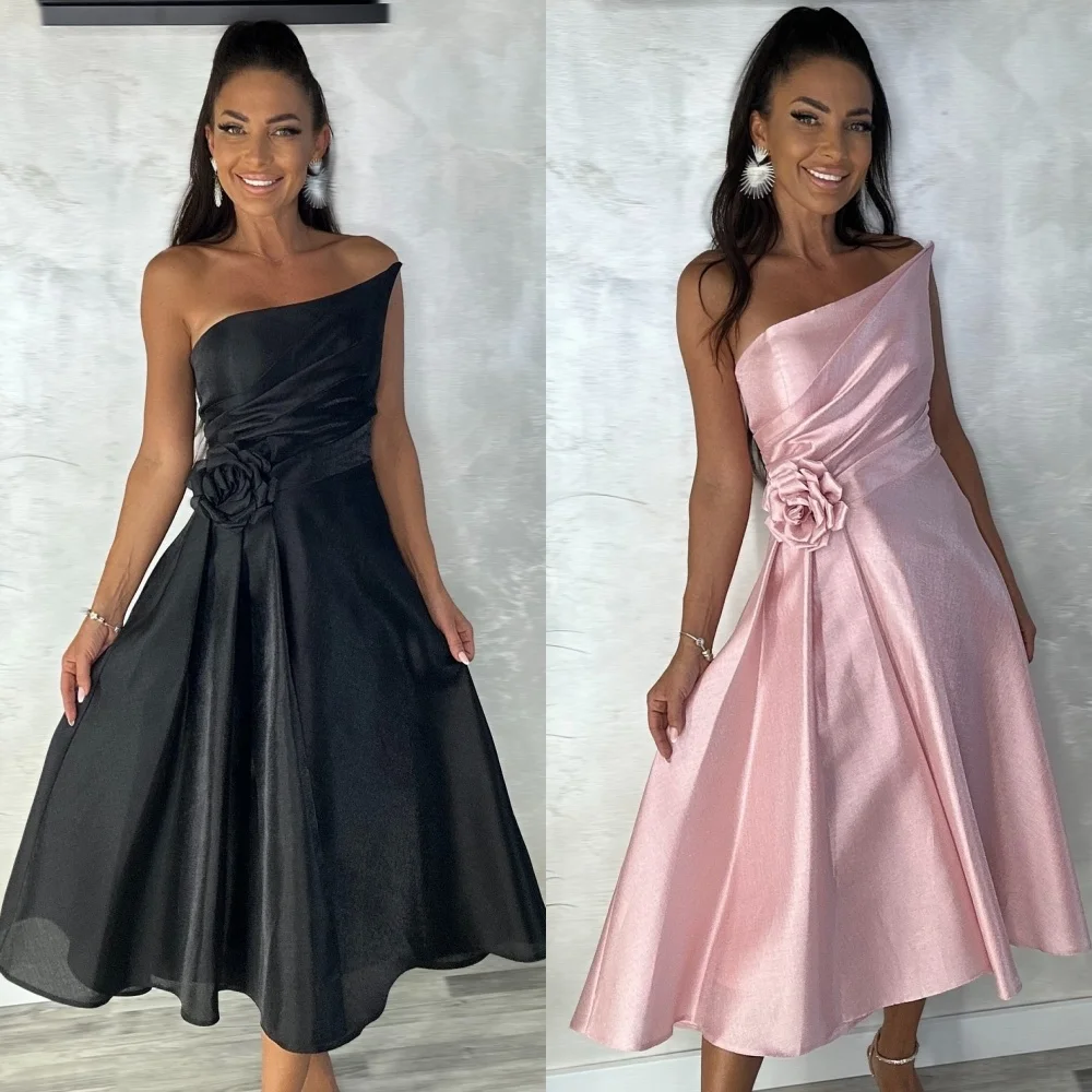 

Customized Modern Style Fashion Handmade Flower Pleat A-line Strapless Tea Length Dresses Bespoke Occasion Dresses Matching Sexy