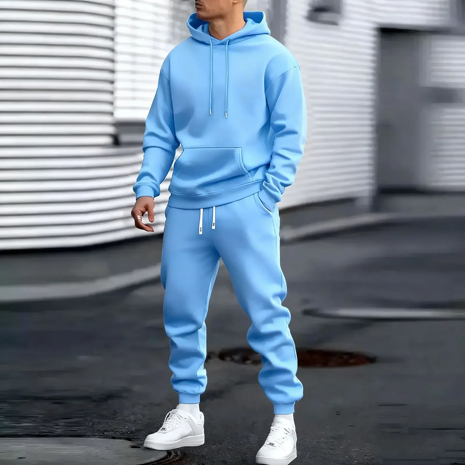 2026 Men's Thickened Solid Color Hoodie & Pants Set Casual Sportswear 2 Piece Hooded Sweatshirt Suit for Daily Outdoor