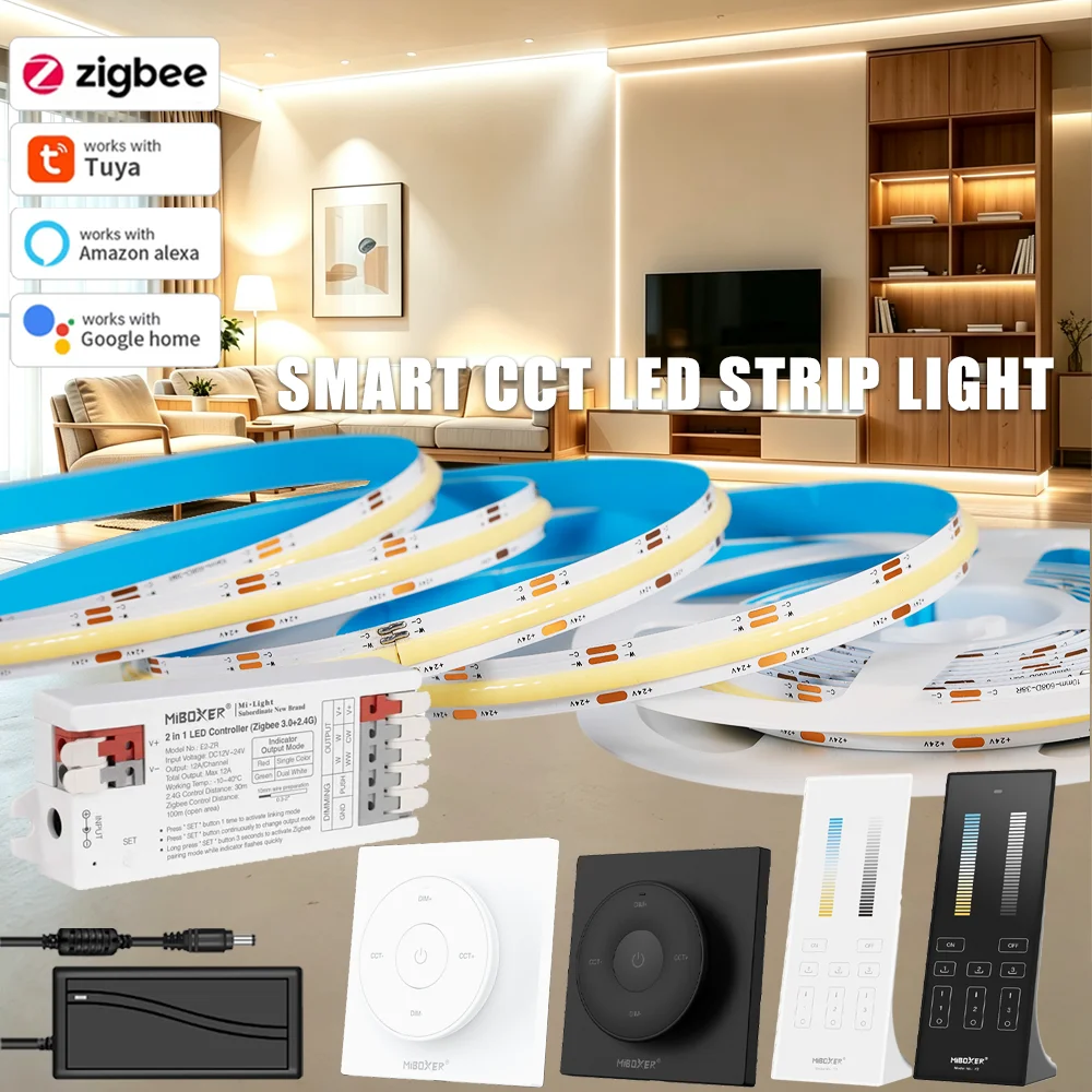 Tuya Zigbee 24V COB CCT LED Strip Lights 608LEDs/m High Density Flexible Dimmable FOB Led Tape 2.4GRF Remote Smart Life fr Alexa