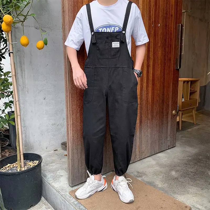 

Summer Solid Color Men's Overalls Casual Ankle Length Pants Korean Fashion Cargo Pants