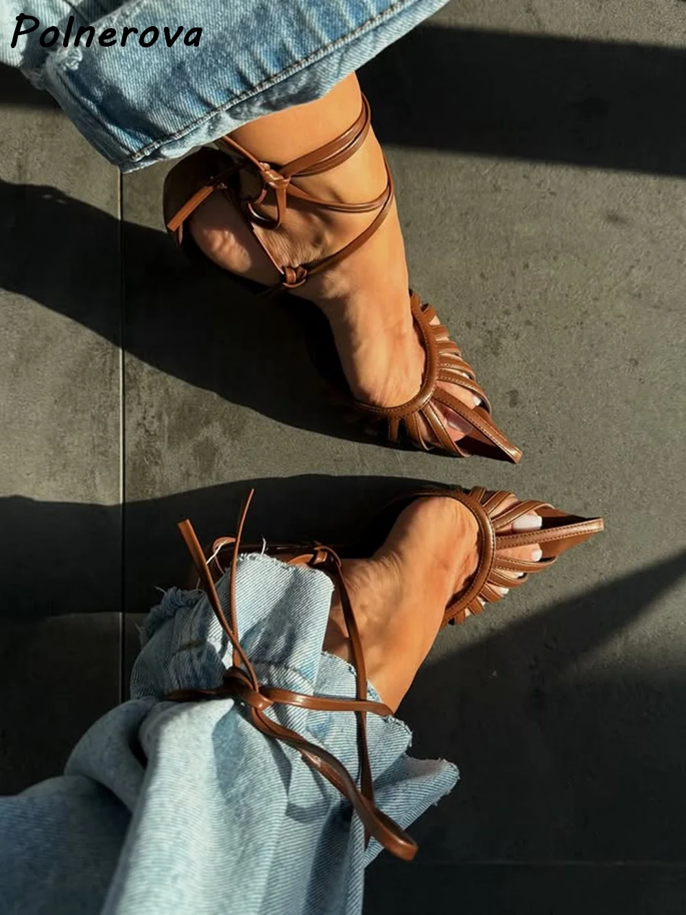 Brown Caged Lace Up Sandals Thin Heels Pointed Toe Stiletto Gladiator Sandals Party Dress Shoes Solid Summer Women Concise Shoes view 4