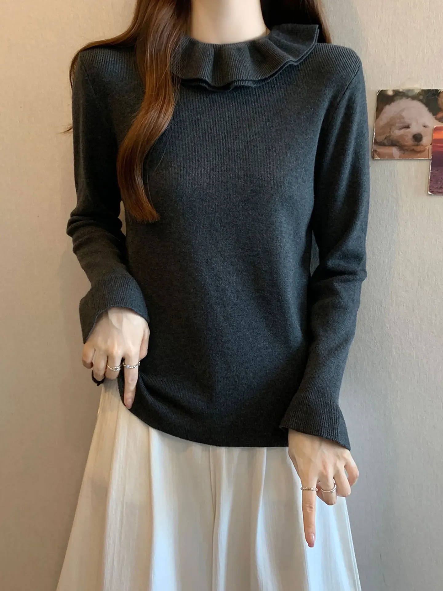 

Женский вязаный свитер с длинным рукавом, объемным воротником, приталенный, базовый топ, повседневная мягкая футболка из ацетатного волокна, женская одежда