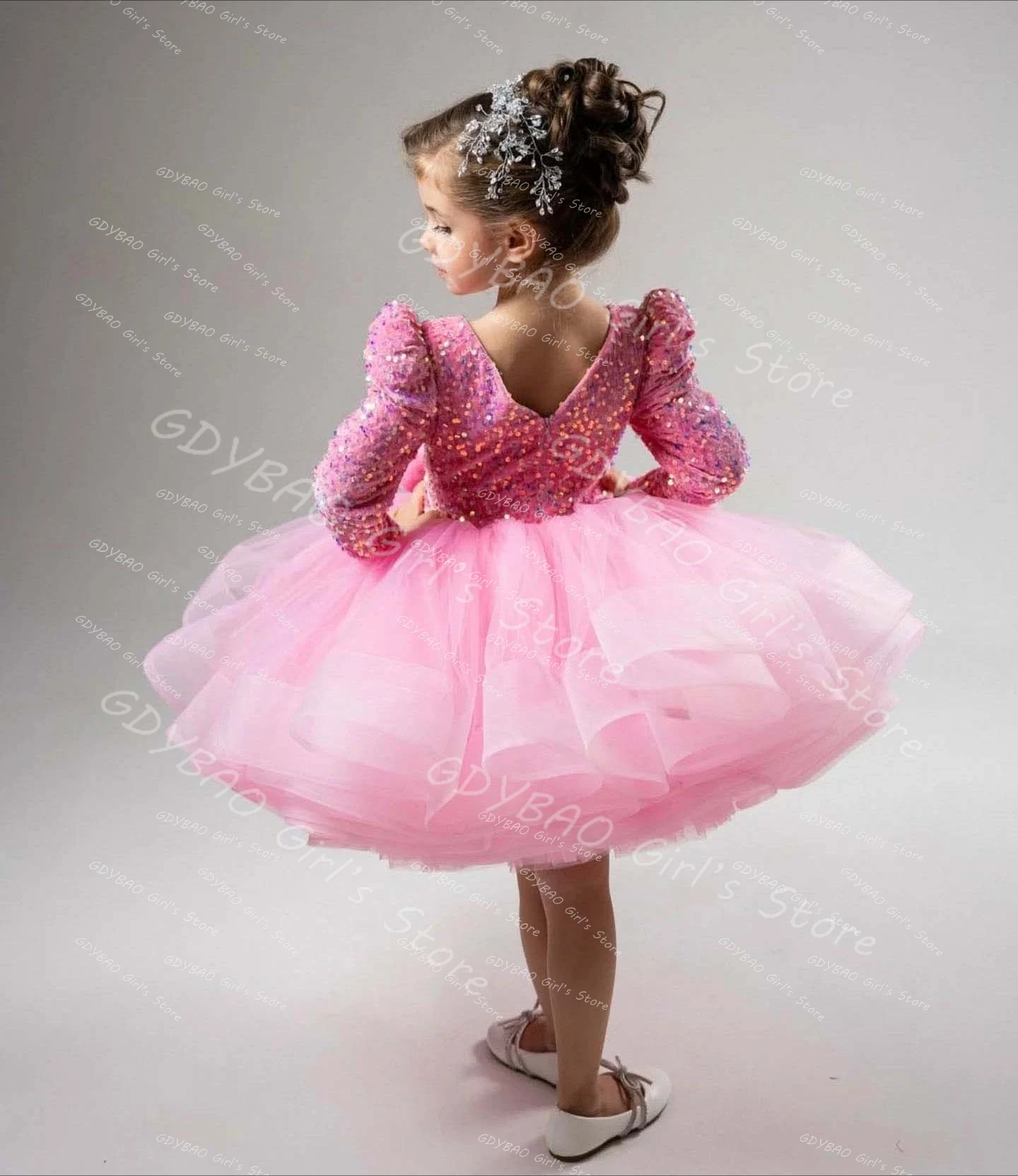 Pink Princess Gown Sparkly Sequin Flower Girl Dress for Wedding Party Toddlers Full Sleeve Birthday Dress Custom Made Vestidos