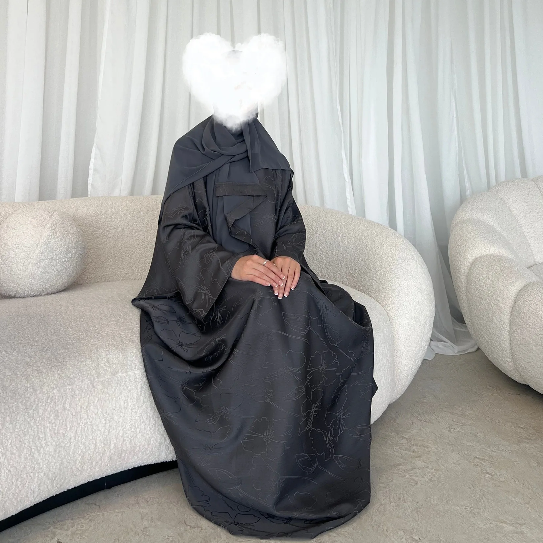 Loriya Abaya Dubai 2025 Premium Jacquard Plus Size Damska Sukienka Abaya z Wewnętrznym Paskiem Luksusowy Muzułmański Kaftan Abaya z Rękawami typu Batwing